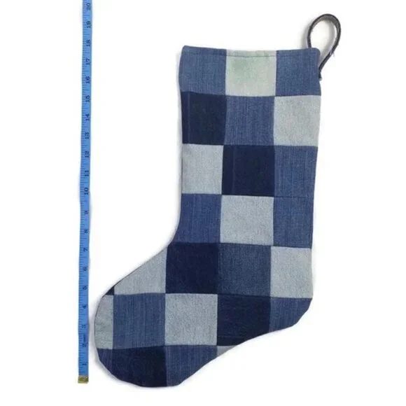 Hand Made Upcycled Blue Patchwork Denim Lined Hanging Christmas Stocking 17.5"